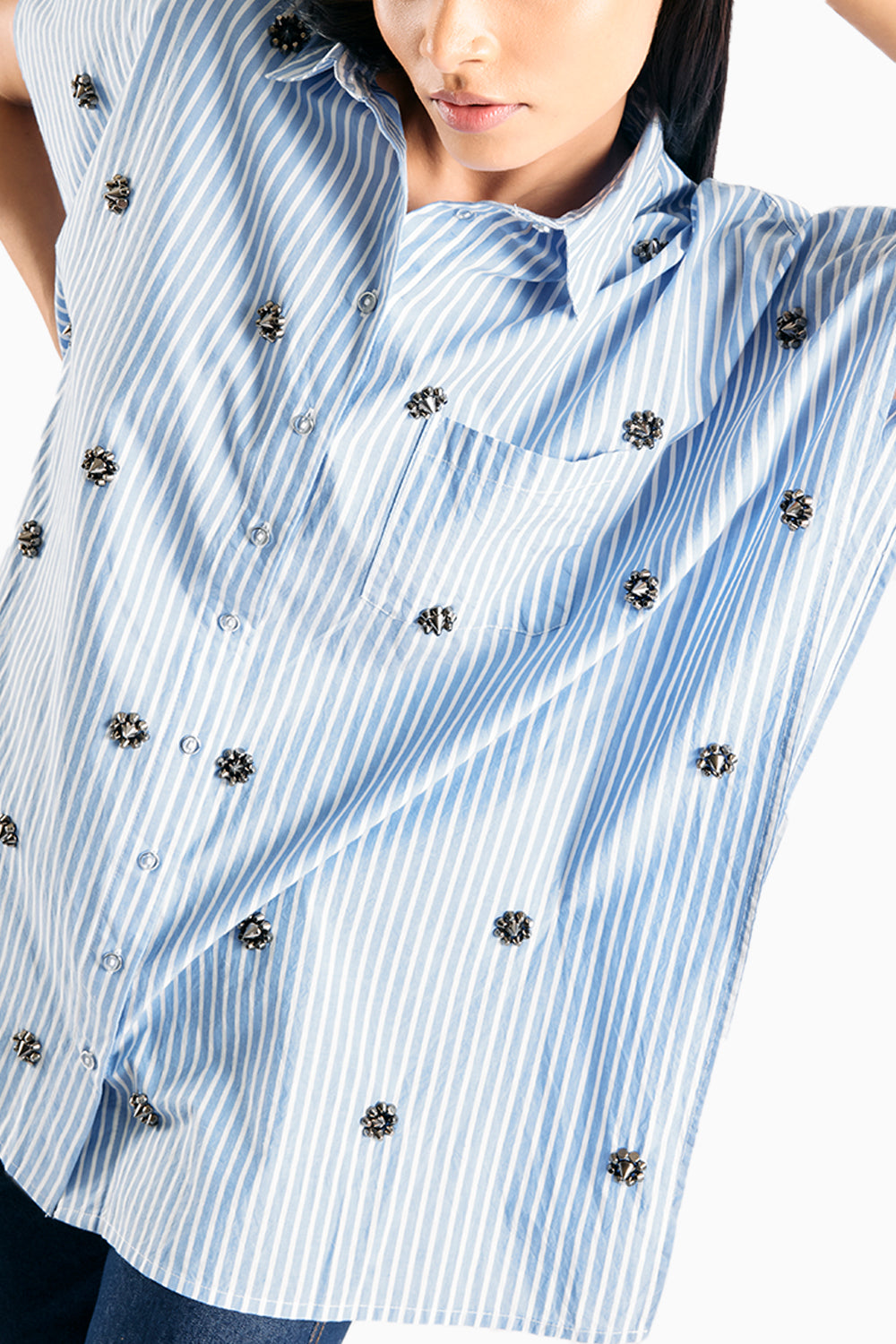 Stripe Embellished Blue Kaftan Shirt