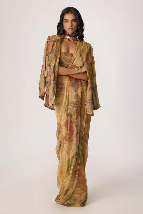 Gold Micah Blazer With Gold Agatha Sari With Gold Malaika Blouse