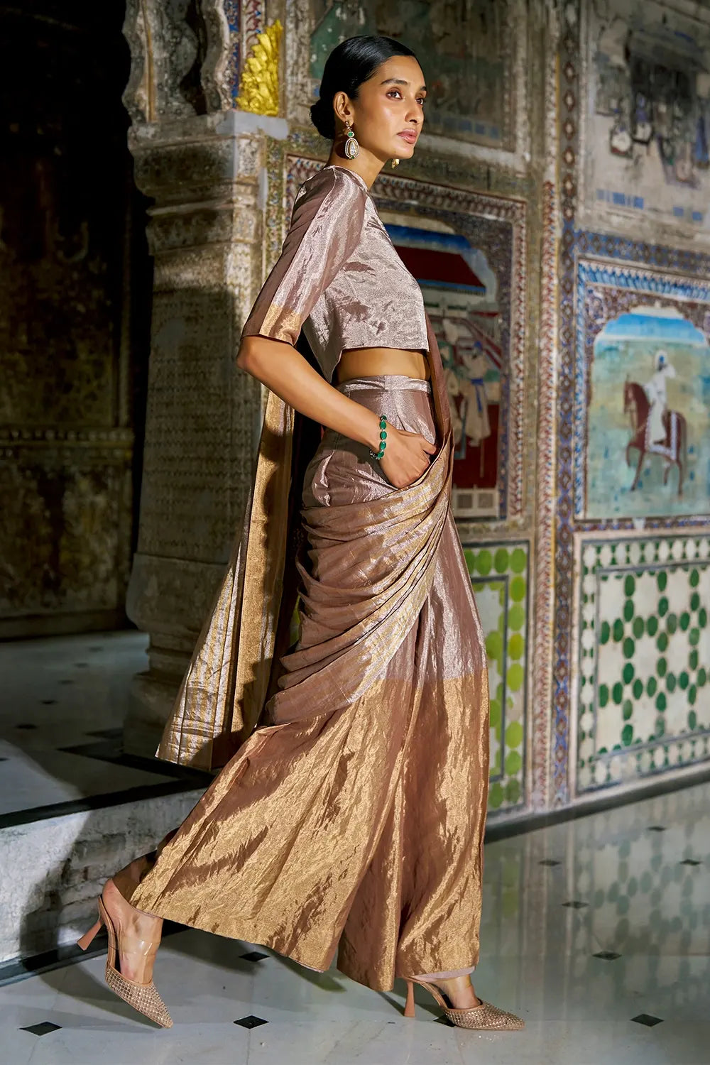 Champagne Gold Benares Tissue Drape Pant Set