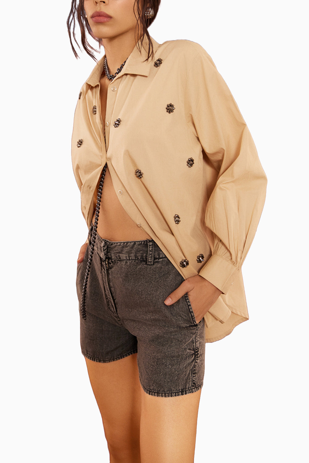 Beige Embellished Oversize Shirt