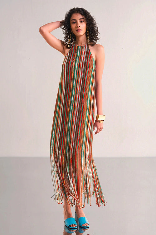 Halter Neck Fringe Knit Dress