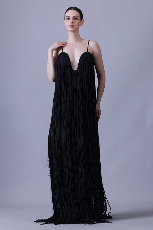 Elegant Black Strappy Gown Featuring Layered Fringe