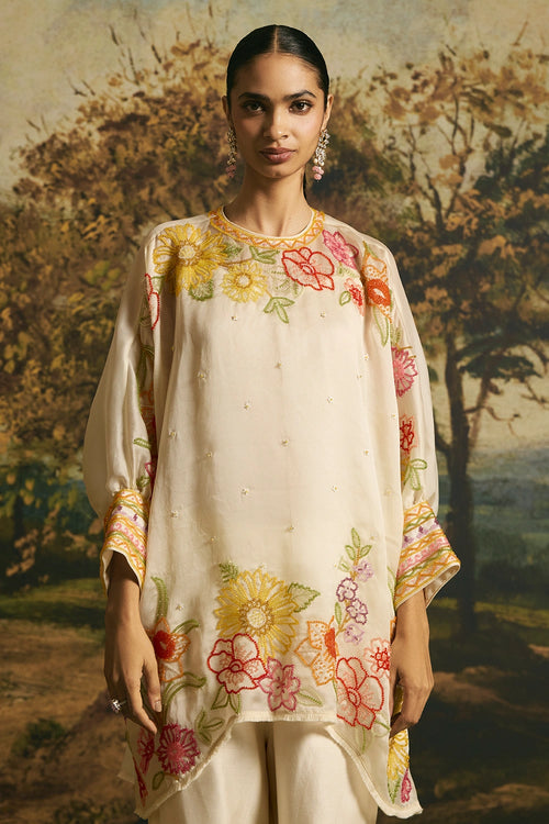 Ivory Floral Blossom Tunic With Cutwork Pants