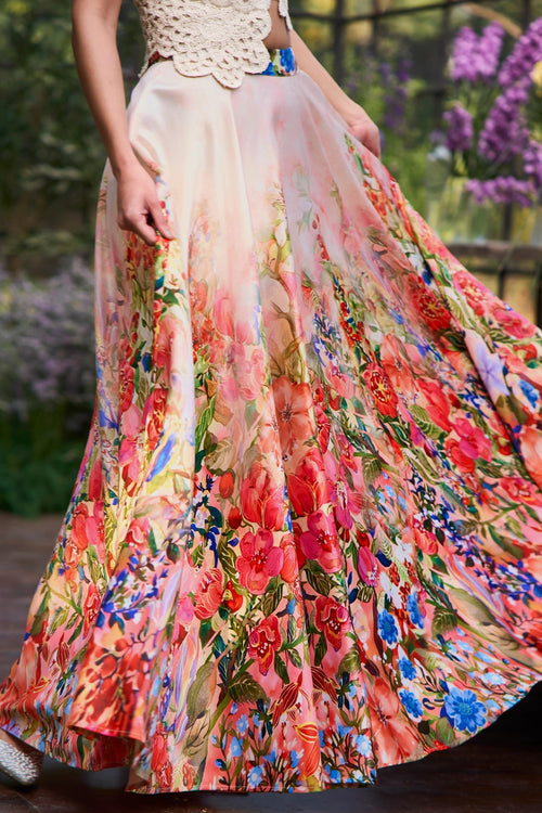Hand Appliqué Lace Embroidered Top And Skirt Set