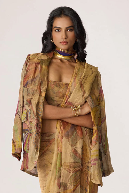 Gold Micah Blazer With Gold Agatha Sari With Gold Malaika Blouse