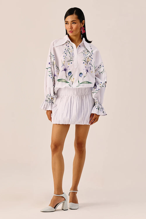 White Floral Embroidered Balloon Mini Dress