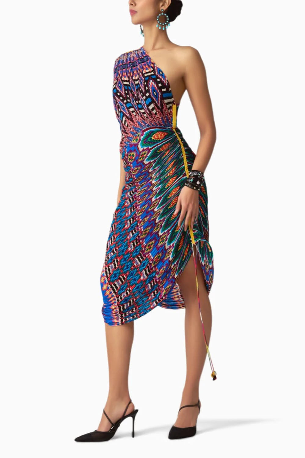 Mira Ikat One-Shoulder Pleat Sari Dress