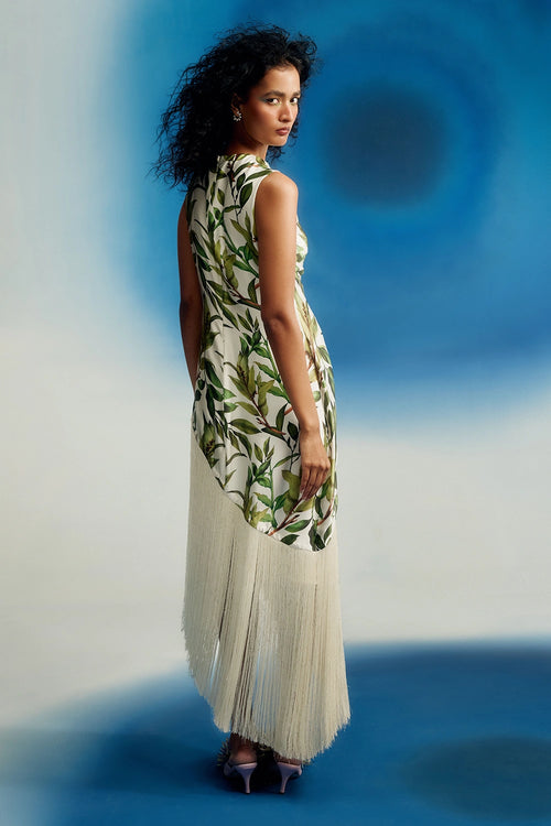 Assymetric Satin Fringe Dress