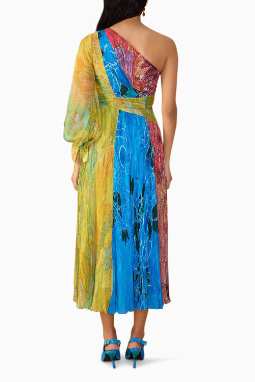 Floroscent Yellow Daisy Blue Rose Shay Dress