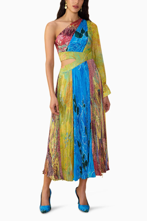 Floroscent Yellow Daisy Blue Rose Shay Dress