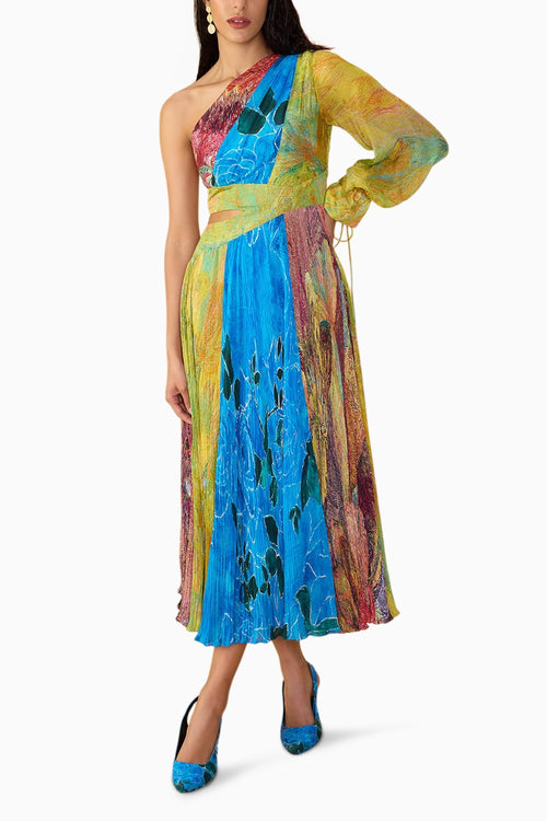 Floroscent Yellow Daisy Blue Rose Shay Dress