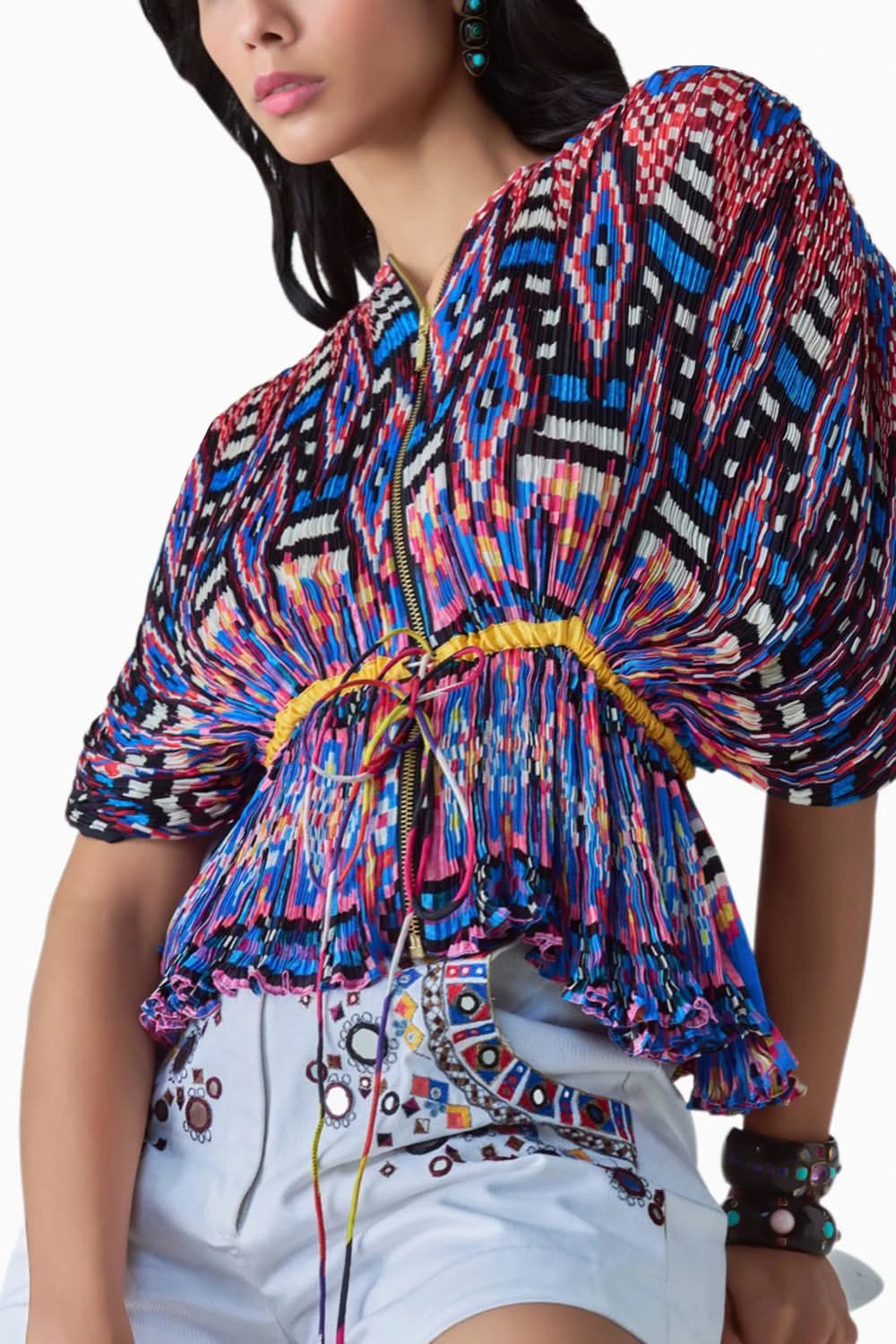 Jasmine Ikat Pleat Kaftan Blouse & Tilly Embroidered Shorts