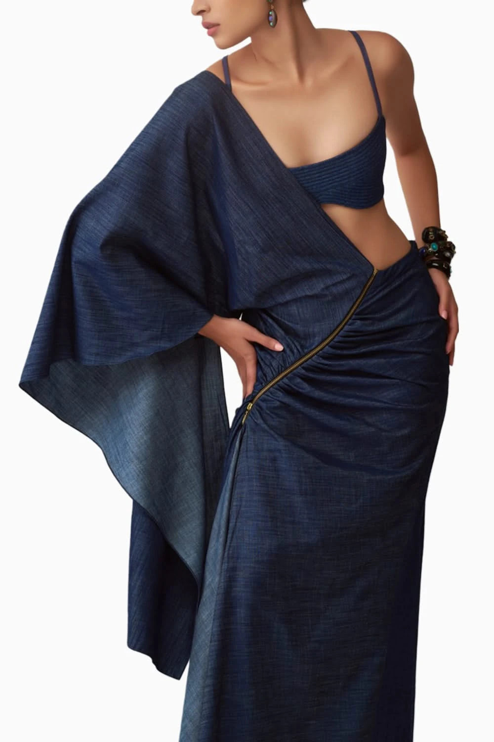 Lara Quilted Denim Bralette & Zip-Detail Denim Sari