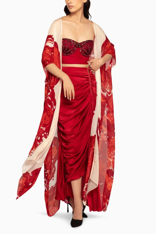 Maroon Bandhani Cape Bustier Skirt Set