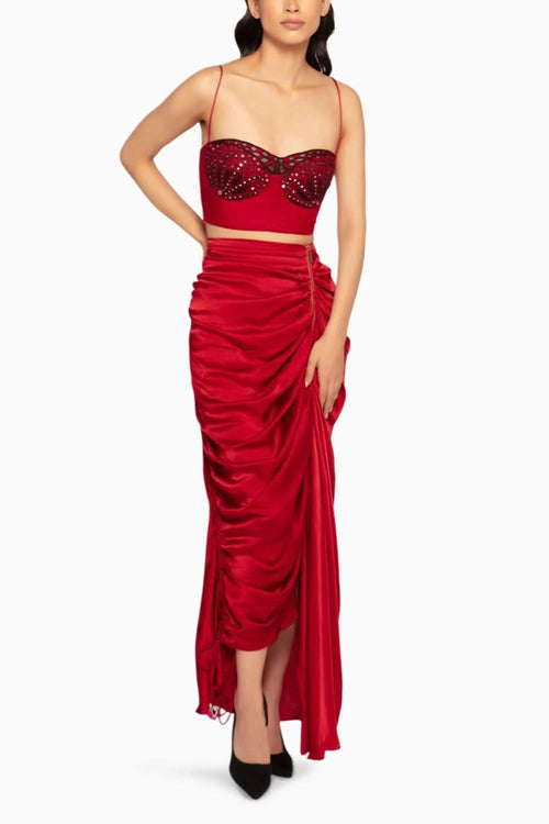 Maroon Bandhani Cape Bustier Skirt Set