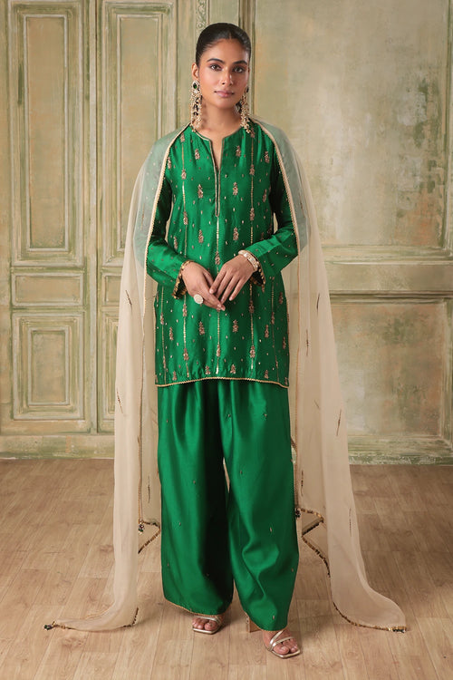 Zar-Rang Green Short Buti Kurta Set