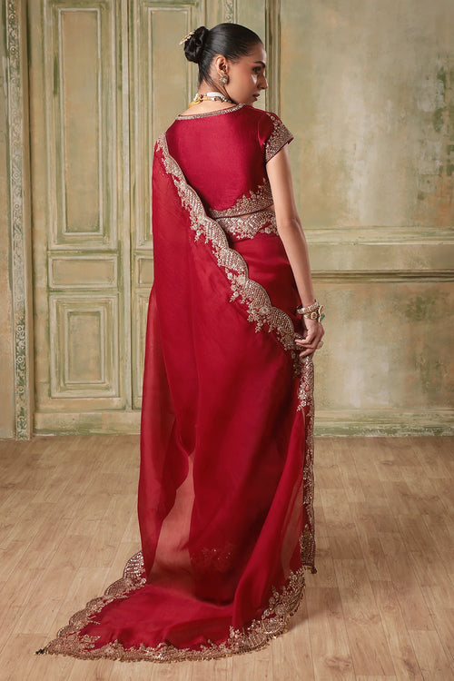 Zar-Rang  Maroon Scallop Border Saree Set