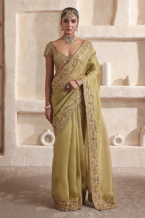 Zar-Rang Olive Green Zardosi Border Saree Set