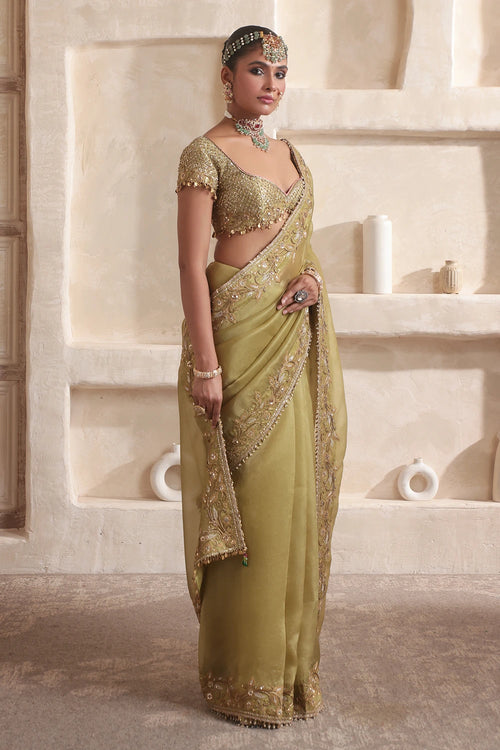 Zar-Rang Olive Green Zardosi Border Saree Set