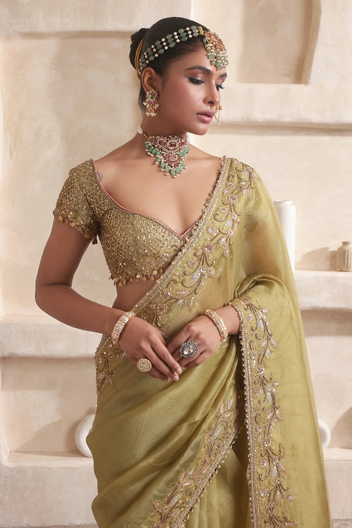 Zar-Rang Olive Green Zardosi Border Saree Set