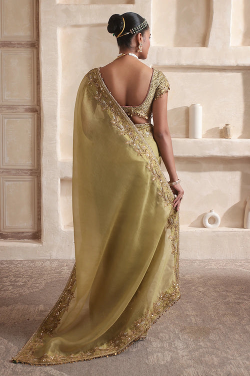 Zar-Rang Olive Green Zardosi Border Saree Set