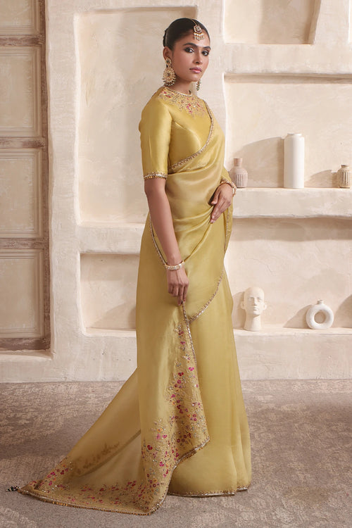 Zar-Rang Olive Green Multicolor Resham Saree Set