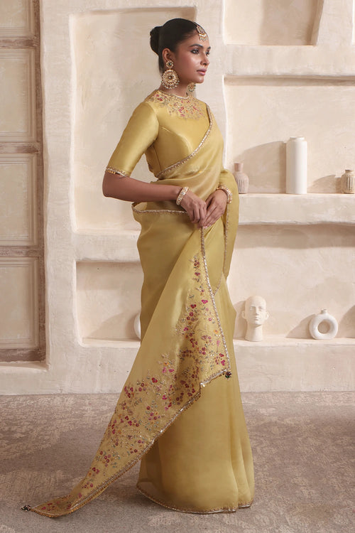 Zar-Rang Olive Green Multicolor Resham Saree Set