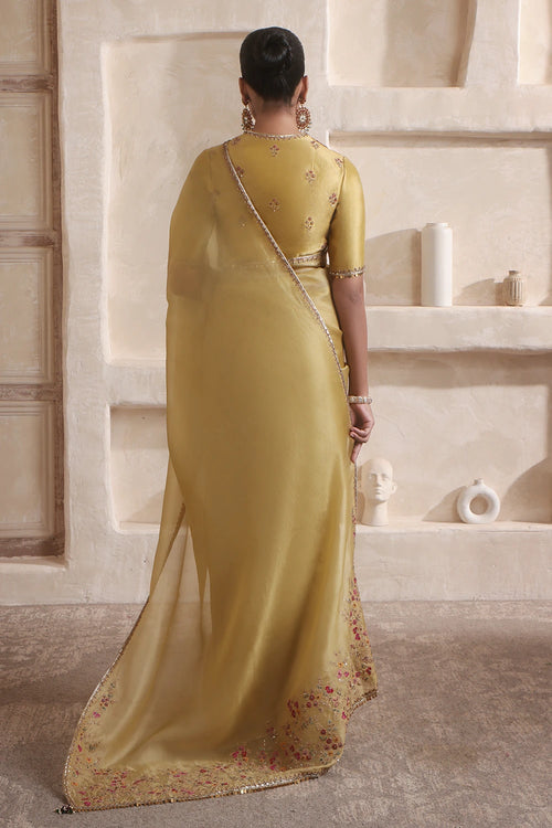 Zar-Rang Olive Green Multicolor Resham Saree Set