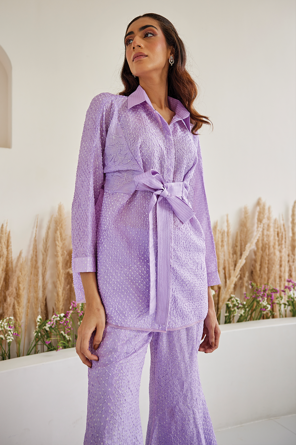 Lavender Bandhani Knotted Shirt with Tulip Pants