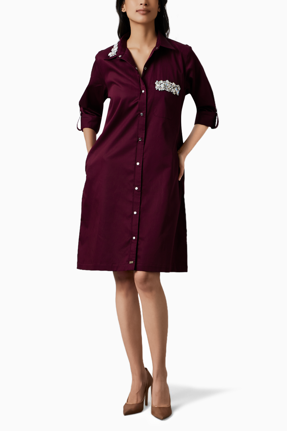 Burgundy Collar Pocket Swarovski Shirt Dress