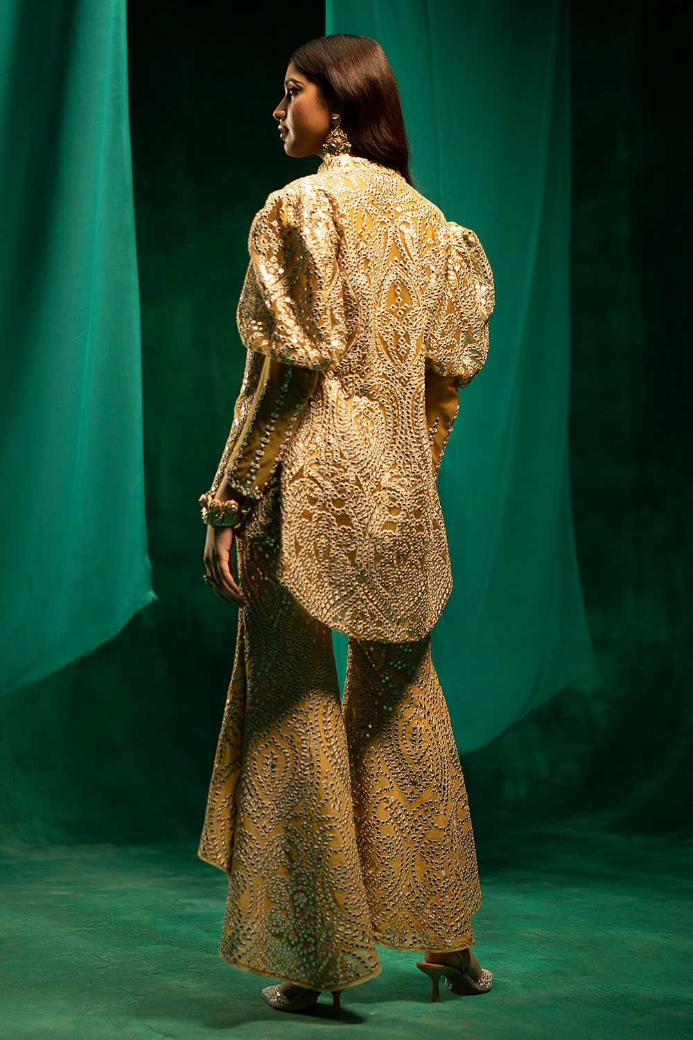 Golden Silver Jacket with Tulip Sharara and Mirrorwork Bandeau