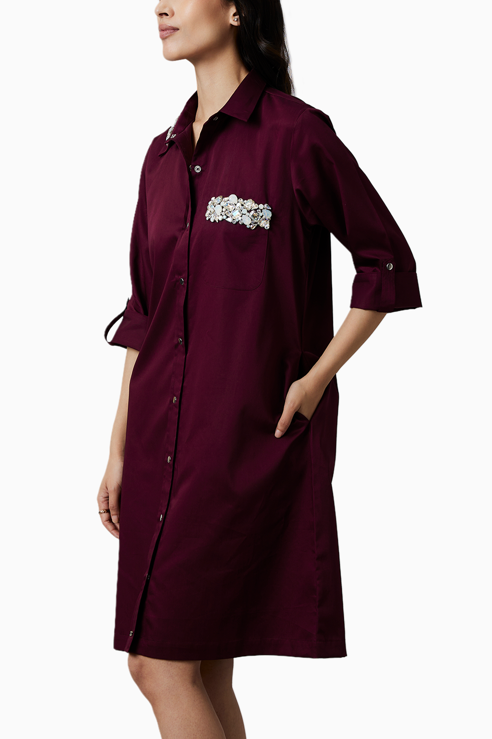 Burgundy Collar Pocket Swarovski Shirt Dress