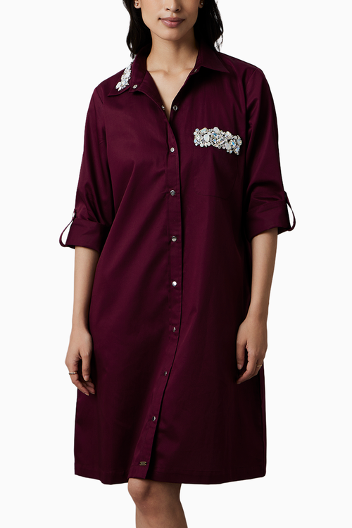 Burgundy Collar Pocket Swarovski Shirt Dress