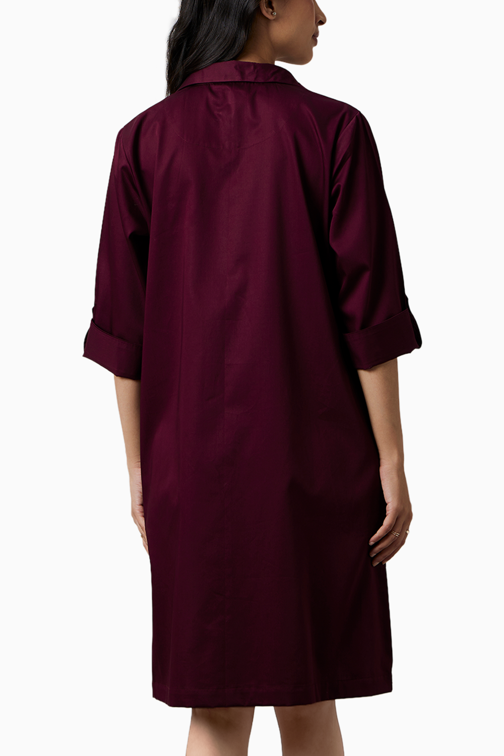 Burgundy Collar Pocket Swarovski Shirt Dress