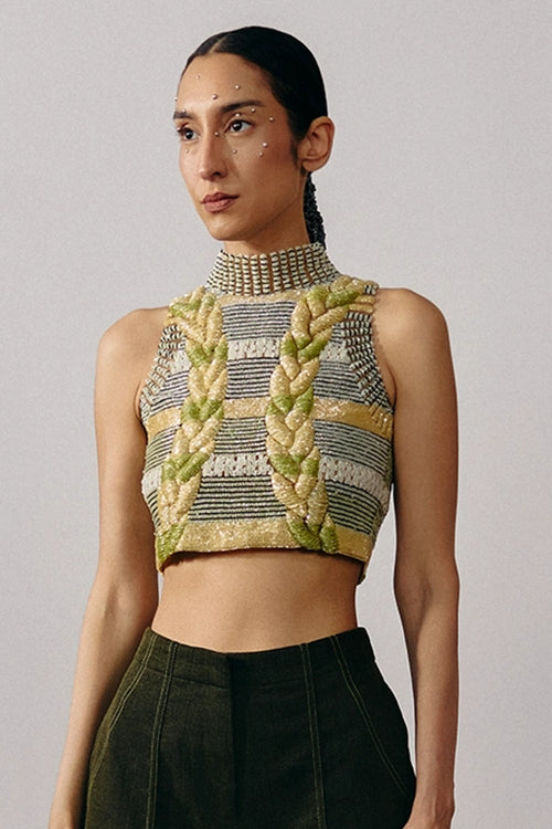 3D Knit Mesh Striped Crop Top