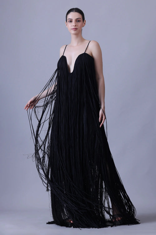Elegant Black Strappy Gown Featuring Layered Fringe