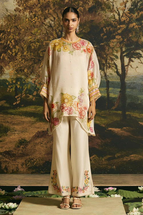 Ivory Floral Blossom Tunic With Cutwork Pants