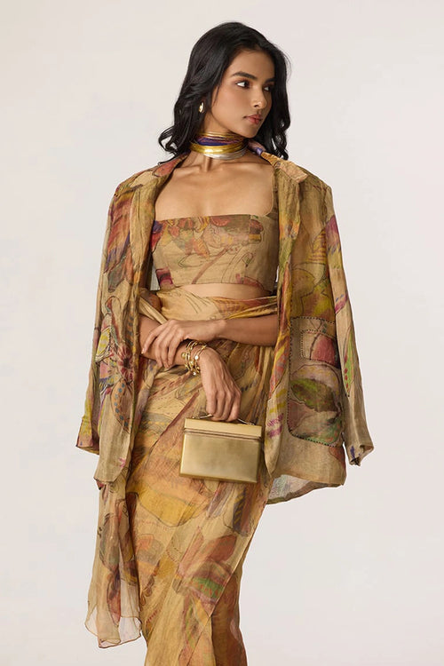 Gold Micah Blazer With Gold Agatha Sari With Gold Malaika Blouse