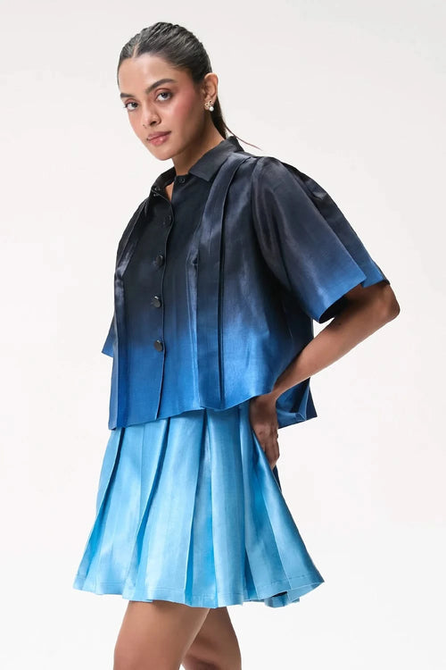 Blue Ombré Box Pleat Short Skirt