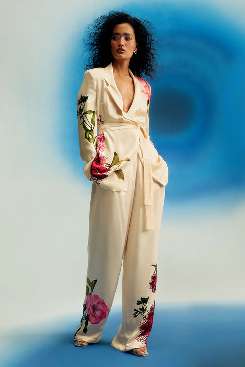 Passion Satin Blazer With Fringe Belt And Pants Set