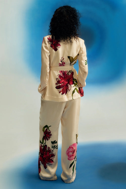 Passion Satin Blazer With Fringe Belt And Pants Set