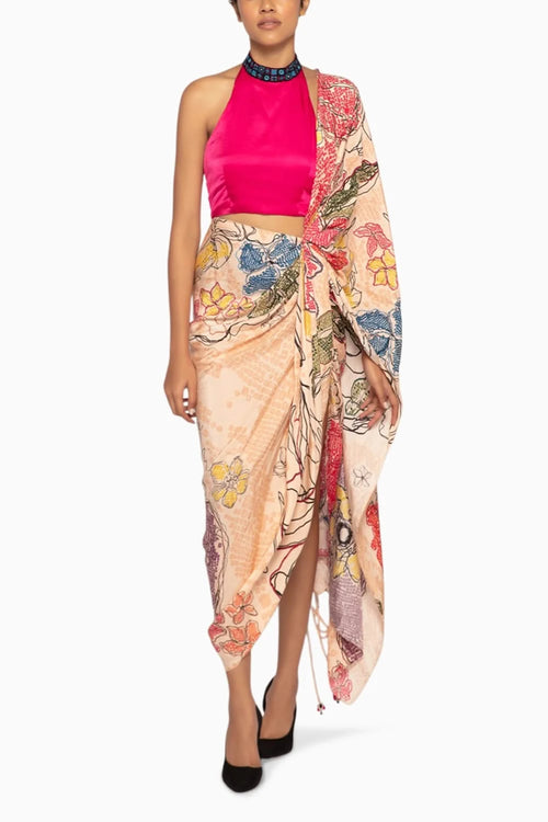 Hot Pink Silk Blouse with Bandhani Sari