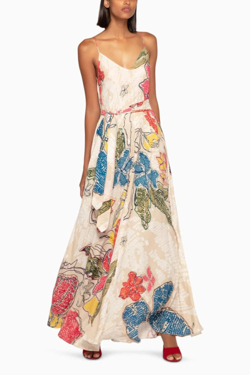 Periwinkle Bandhani V-Neck Satin Column Dress