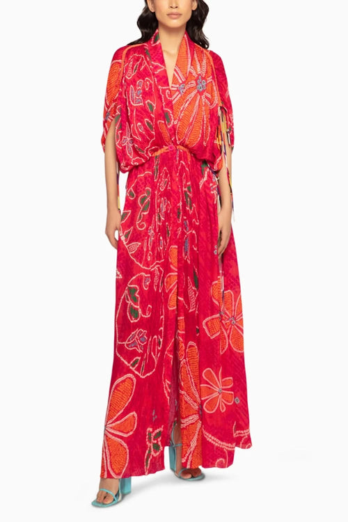 Marigold Bandhani Pleated Kaftan with Drawstrings