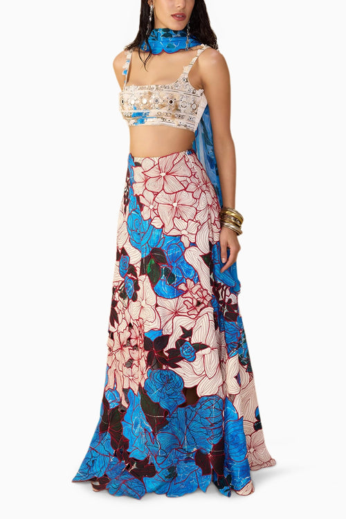 Malaika Embroidered Bustier with Rose Sachi Lehenga and Scallop Dupatta