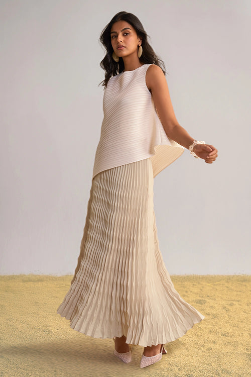 Asymmetric Pleated Top and Irregular Pleated Maxi Skirt