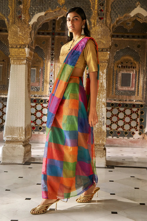Multicolour Check Sari Drape Skirt Set