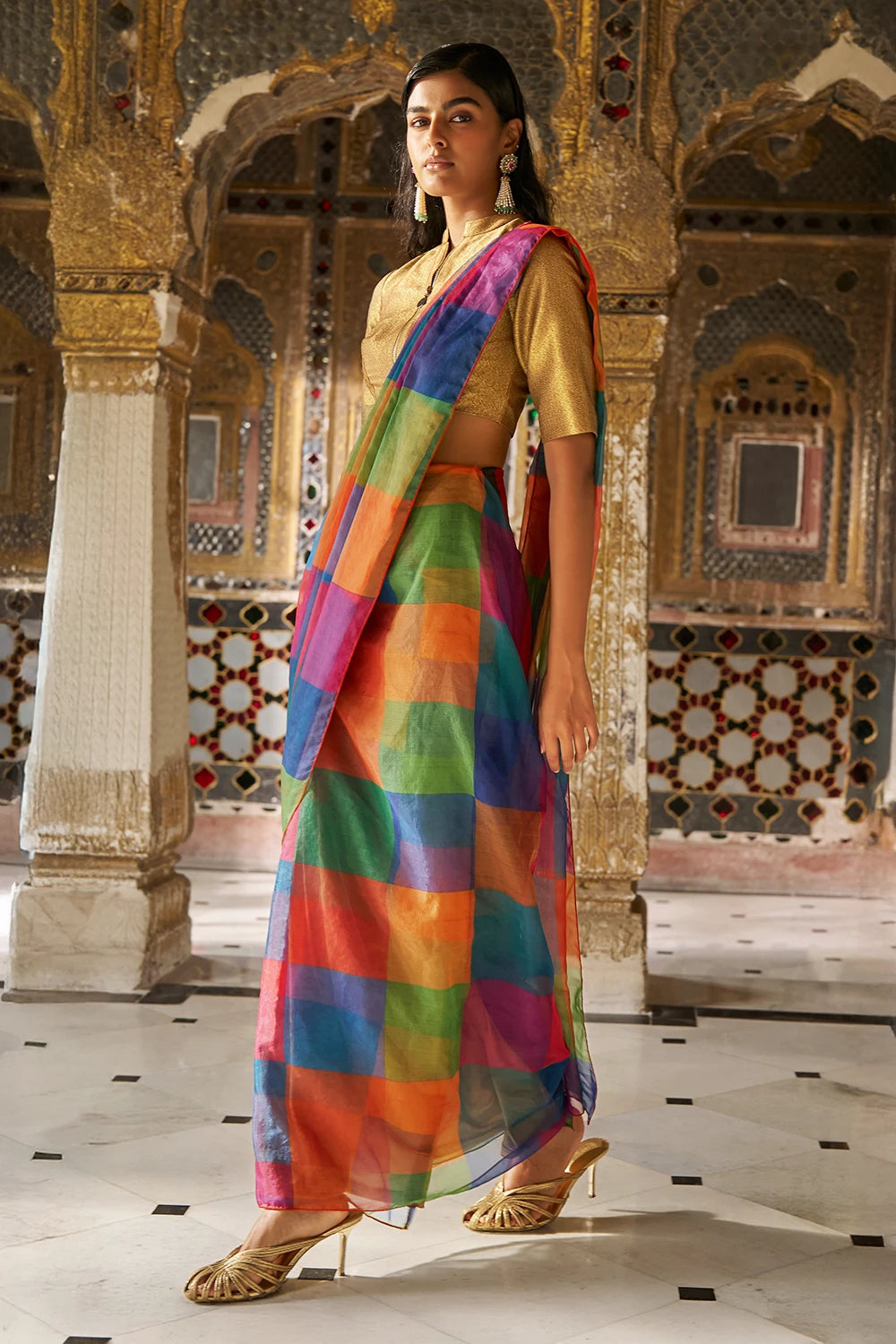Multicolour Check Sari Drape Skirt Set