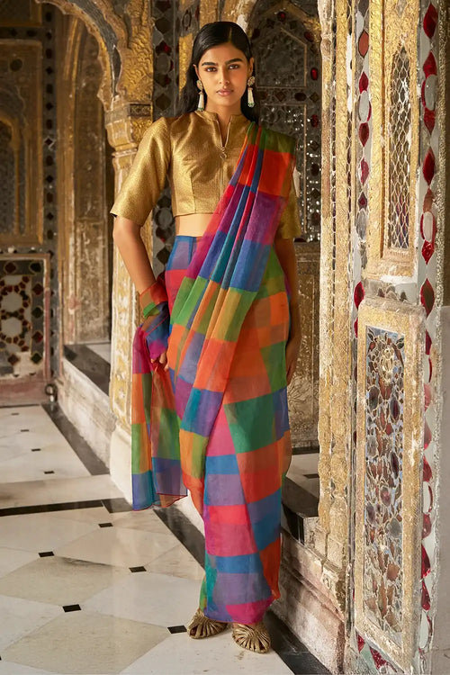 Multicolour Check Sari Drape Skirt Set