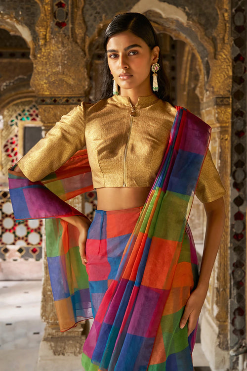 Multicolour Check Sari Drape Skirt Set
